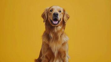 Happy golden retriever with a big smile against a bright yellow background during daylight photo