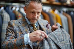 A well dressed man inspects a tailored suit inside a stylish clothing store photo