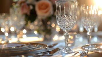 Elegant dinner table setting with flowers and candles at a cozy restaurant during evening hours photo
