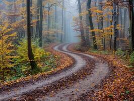 Serene winding path through a misty forest with vibrant autumn foliage and fallen leaves photo
