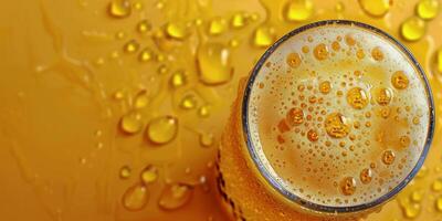 A refreshing glass of beer with bubbles against a vibrant orange background photo