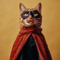 A playful cat in a superhero costume with glasses and a cape against a colorful background photo