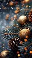 Festive arrangement of golden and black ornaments with pinecones for a holiday celebration photo