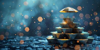 Colorful illuminated blocks with an umbrella on top create a magical atmosphere at night photo