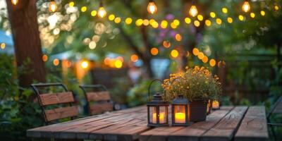 Cozy evening garden gathering with lanterns and string lights near soft seating photo