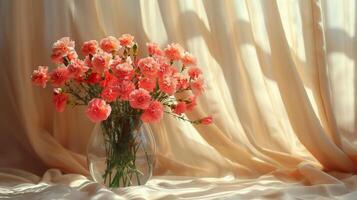 A vibrant bouquet of pink carnations in a glass vase near a sunlit curtain photo