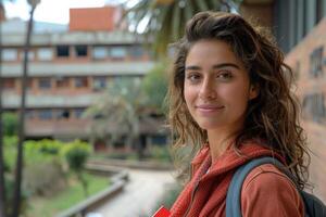 Young woman smiles confidently while standing in a university courtyard on a sunny day photo
