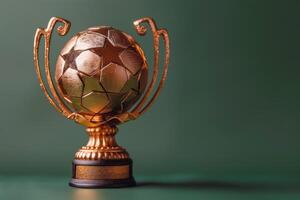 Golden trophy featuring a detailed soccer ball on a green background during a sports event photo
