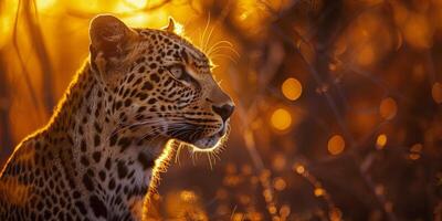 A lone leopard gazes into the sunset amidst the golden glow of the African savanna photo
