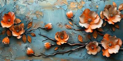 Vibrant red poppies bloom against a textured gray background with a hint of natural elegance photo