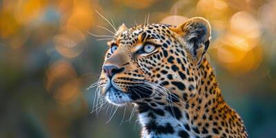 A lone leopard gazes into the sunset amidst the golden glow of the African savanna photo