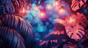Colorful hanging lights illuminate a lush garden with tropical plants at twilight photo