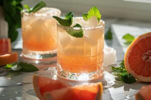 Refreshing grapefruit cocktails served with ice and mint on a sunny afternoon photo