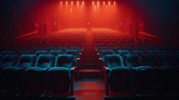 Red velvet theater seats in an empty cinema during a quiet evening show photo