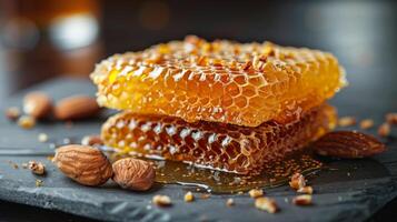 Delicious honeycomb and walnuts served on a slate plate with honey jars in the background photo