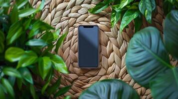 A smartphone resting on a woven mat surrounded by lush green indoor plants photo