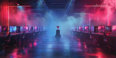 Vibrant gaming arena with a trophy illuminated by neon lights at night photo