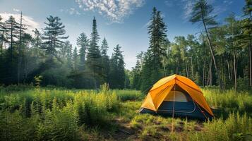 Bright orange tent set up in a lush green campsite under a sunny blue sky photo