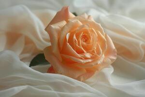 A delicate peach rose resting on soft, white fabric in a serene, tranquil setting photo