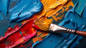 Vibrant abstract paint strokes in warm and cool colors create an artistic texture on canvas photo