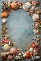 A beautiful arrangement of seashells and coral with a textured blue background photo