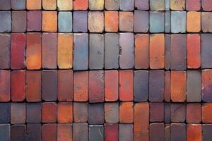 Colorful textured brick wall pattern with varying shades of red and brown in a rustic design photo
