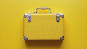 A vibrant yellow suitcase on a bright yellow background suitable for travel and adventure photo