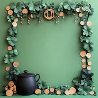 Decorative green backdrop with clovers, coins, and a pot for a festive celebration photo