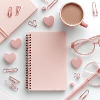 Soft pink stationery and accessories arranged neatly with a cup of coffee on a white background photo
