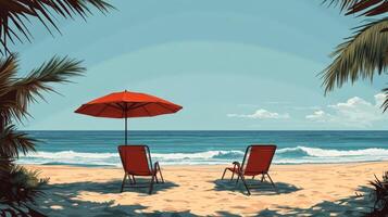 Relaxing beach chairs under an umbrella by the serene ocean on a sunny day photo