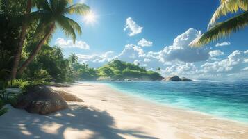 Serene tropical beach with clear turquoise water and swaying palm trees under bright sunlight photo