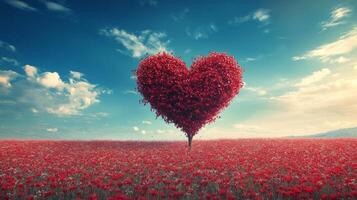 Red heart shaped tree in a vivid flower field under a bright sky during daylight photo