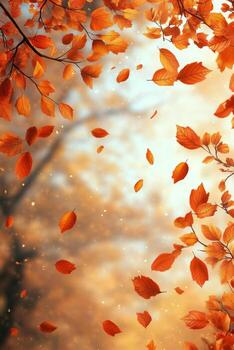 Falling autumn leaves create a beautiful mosaic against a blurred background in nature photo