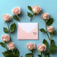 Soft pink roses and an envelope with hearts on a blue background for a thoughtful occasion photo