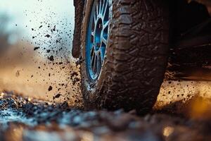 Off road vehicle kicks up mud while navigating a rugged trail in an outdoor adventure setting photo