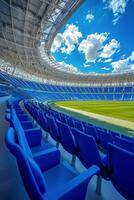 Empty blue stadium seats under a bright sky during an afternoon event at a sports venue photo