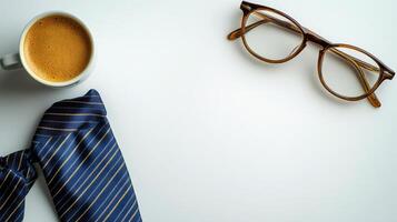 Morning coffee and office essentials arranged on a clean desk with a tie and glasses photo