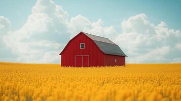 A red barn stands in a vibrant yellow field under a clear blue sky in rural countryside photo