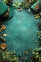 Decorative green background with shamrocks and a leprechaun hat for St Patricks Day celebrations photo