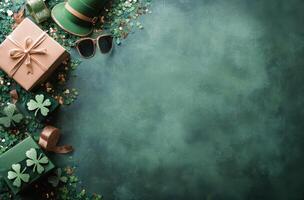 Festive green decorations with gifts and accessories for St Patricks Day celebration photo