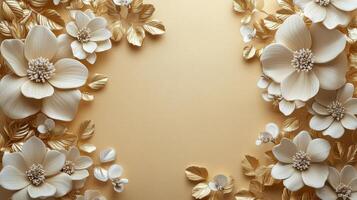 Elegant golden floral arrangement with white flowers on a soft golden background photo