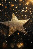 Golden star surrounded by sparkling light particles in a dark background setting photo