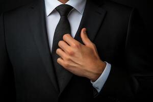 Man adjusting tie in dark setting while wearing a formal suit and crisp white shirt photo