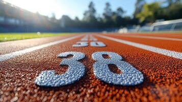 Runner on a track during sunset with a blurred focus on numbered lane markings and nature photo