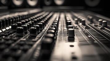 A close up view of an audio mixing console with various knobs and sliders in a studio setting photo