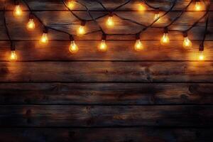 Warm string lights illuminate a rustic wooden wall in a cozy indoor setting at night photo