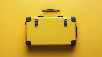 A vibrant yellow suitcase on a bright yellow background suitable for travel and adventure photo