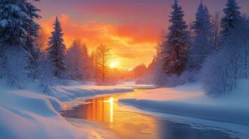 A serene winter sunset over a snowy river surrounded by tall evergreen trees in a peaceful landscape photo