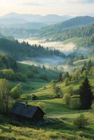 Serene early morning in the mountains with lush hills and rustic wooden cabins amid greenery photo