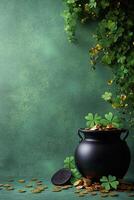 A decorative pot filled with gold coins and clovers on a green backdrop for St Patricks Day photo